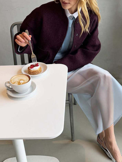 Elasticated Waist High Waisted Layered See-Through Solid Color Split-Joint Skirts Bottoms