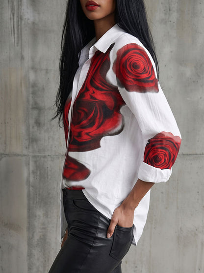Flower Print Contrast Color Buttoned Loose Long Sleeves Lapel Blouses&shirts Tops