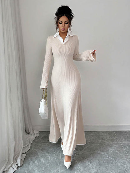 Bodycon False Two Ribbed Knit Split-Joint Lapel Maxi Dresses Sweater Dresses