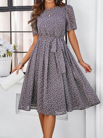 A-Line Elasticated Waist Contrast Color Polka Dot Split-Joint Tied Waist Round-Neck Midi Dresses