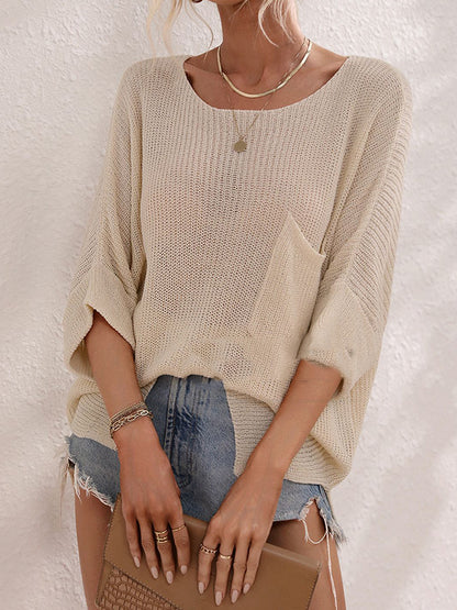 Loose Short Sleeves See-Through Solid Color Split-Joint Round-Neck Sweater Tops