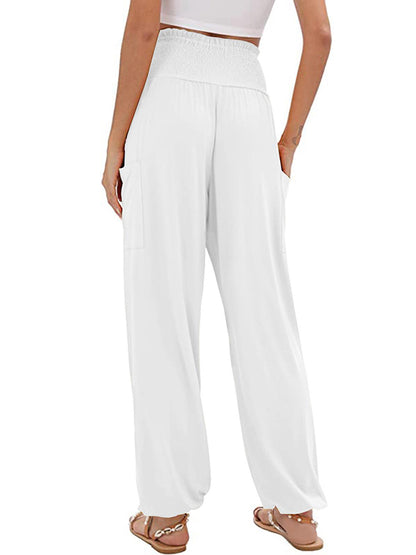 High Waisted Loose Elasticity Pleated Pockets Solid Color Split-Joint Pants Trousers