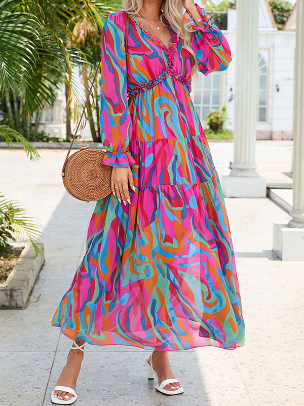 High Waisted Long Sleeves Pleated Printed V-Neck Maxi Dresses