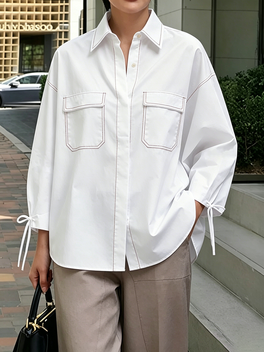 Loose Seven-Quarter Sleeves Buttoned Line Pockets Solid Color Tied Lapel Blouses&Shirts Tops