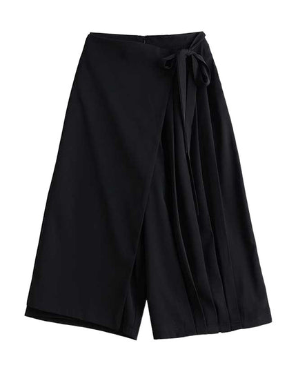 False Two High Waisted Asymmetric Elasticity Solid Color Tied Waist Culotte Ninth Pants
