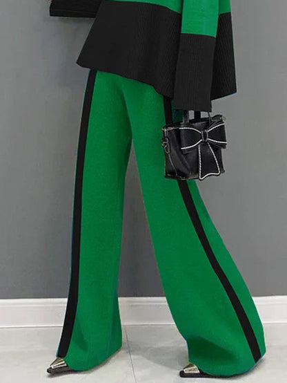 Flared Sleeves Long Sleeves Contrast Color Ribbed Knit Split-Joint Striped High Neck Two Pieces Set