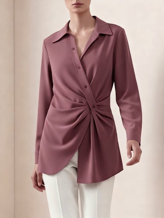 Long Sleeves Wrap Asymmetric Knot Pleated Lapel Blouses&Shirts Tops