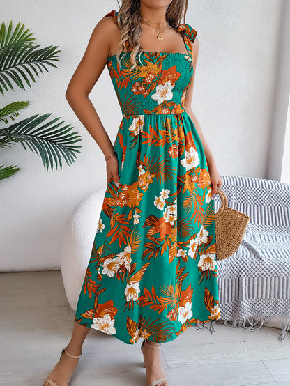 A-Line Loose Contrast Color Elasticity Flower Print Tied Spaghetti-Neck Midi Dresses