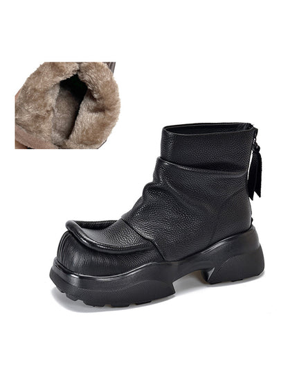 Platform Round-Toe Solid Color Zipper Boots