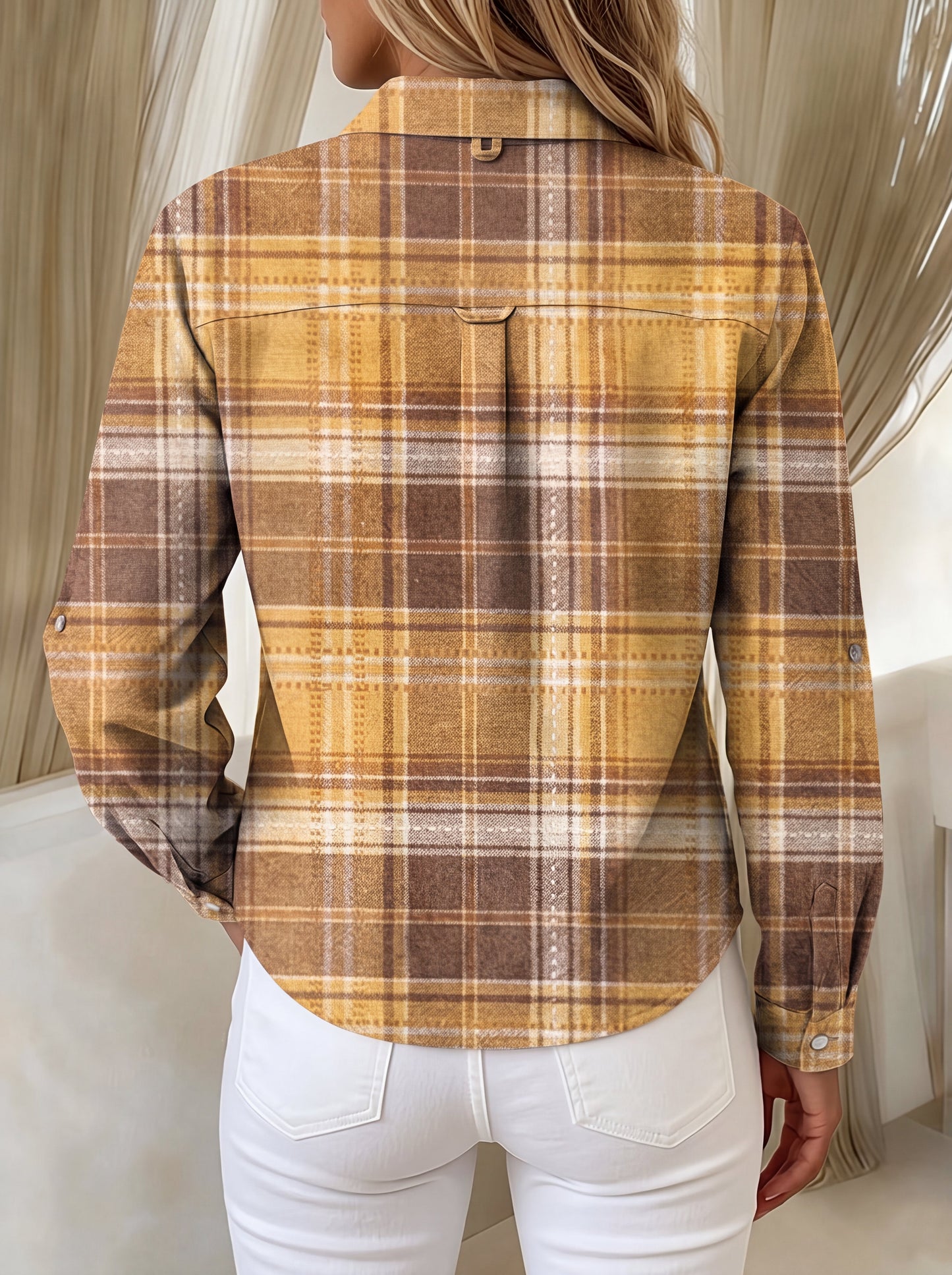 Plaid Contrast Color Buttoned Plus Size Loose Lapel Blouses&shirts Tops