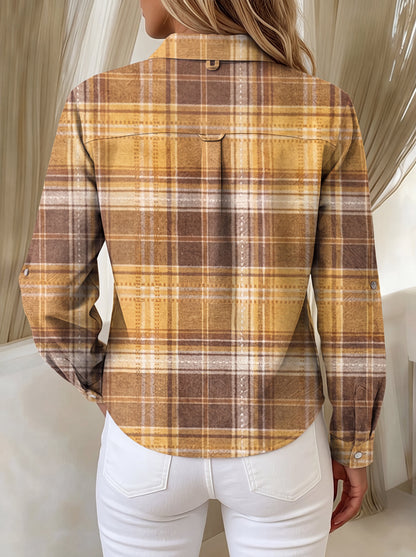 Plaid Contrast Color Buttoned Plus Size Loose Lapel Blouses&shirts Tops