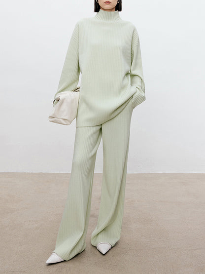 Solid Color High-Neck Long Sleeves Sweater Top + Wide Leg Pants Bottom Two Pieces Set