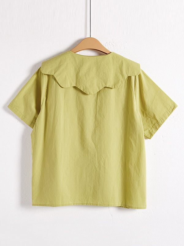 Loose Short Sleeves Solid Color Split-Joint Peter Pan Collar Blouses&Shirts Tops