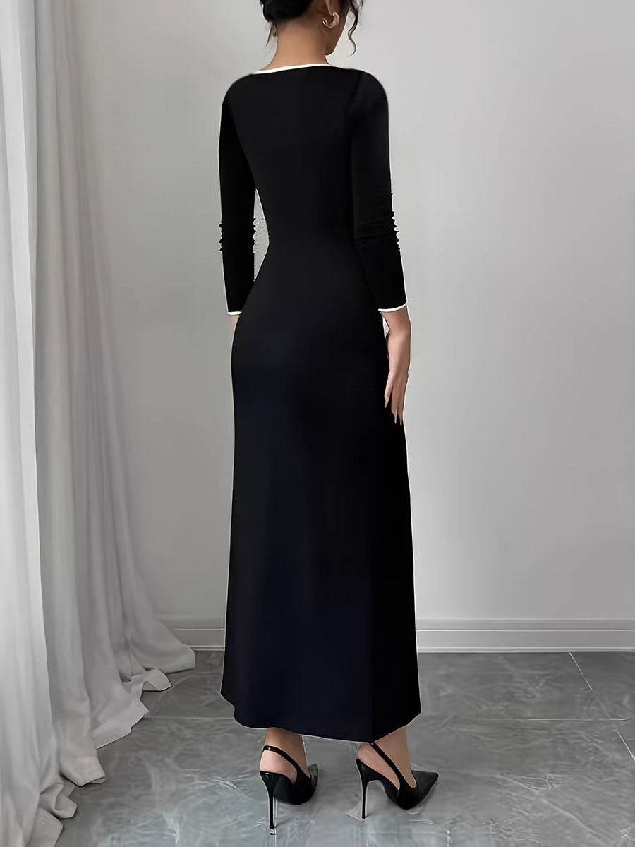 Bodycon Long Sleeves Buttoned Split-Joint Round-Neck Maxi Dresses