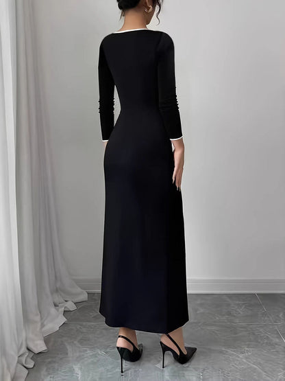 Bodycon Long Sleeves Buttoned Split-Joint Round-Neck Maxi Dresses