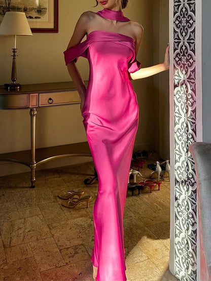 Sleeveless Solid Color Zipper Off-the-shoulder Maxi Dresses