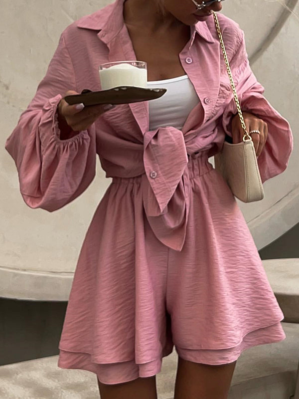 Solid Color Long Sleeves Loose Buttoned Elasticity Pockets Lapel Shirts Top + Shorts Bottom Two Pieces Set