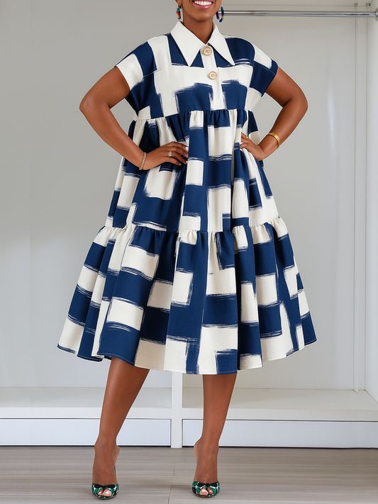 A-line High Waisted Buttoned Contrast Color Pleated Pockets Lapel Midi Dresses