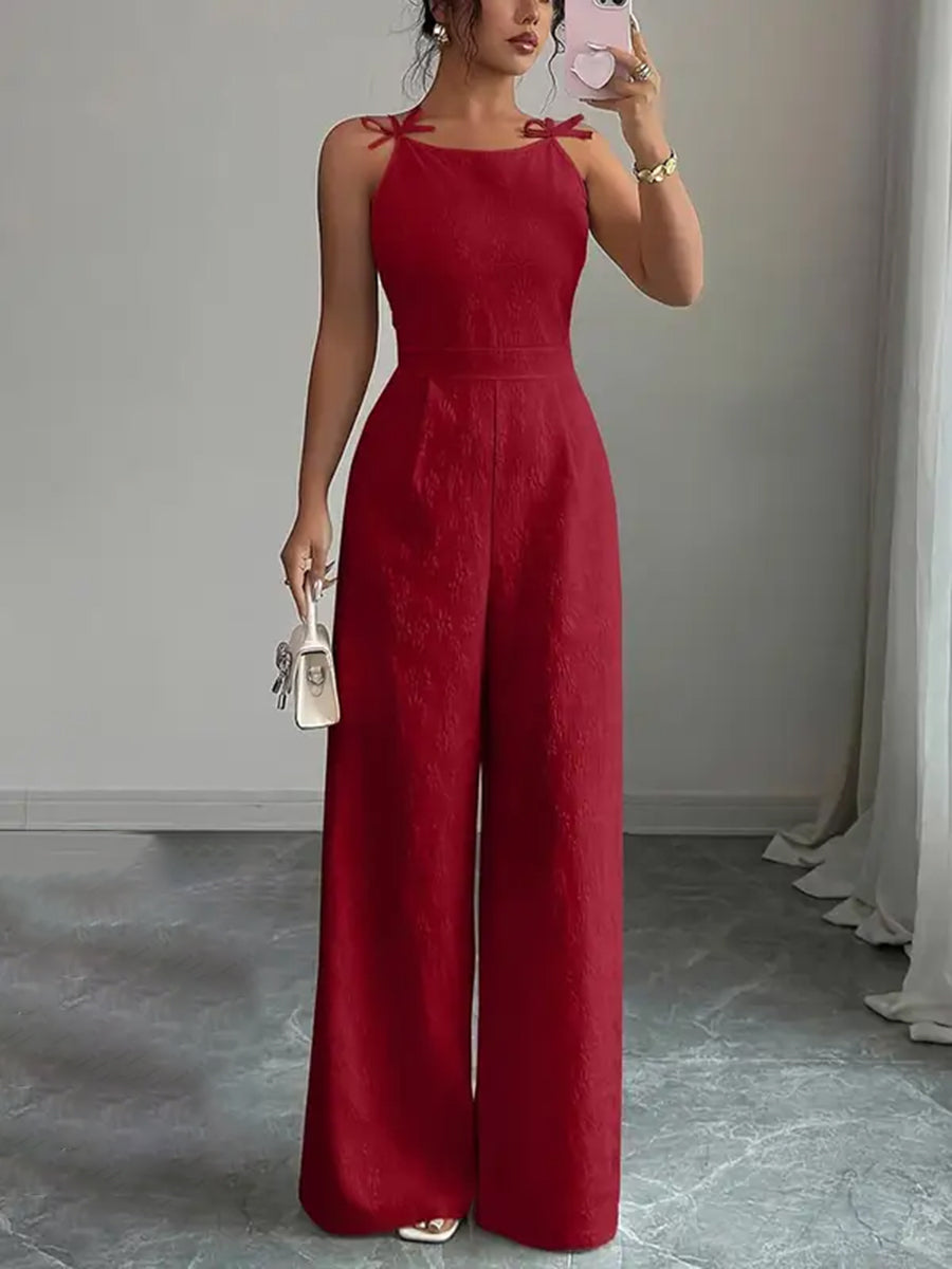 Zipper Split-Joint Solid Color Jacquard Wide Leg Sleeveless Spaghetti-Neck Jumpsuits