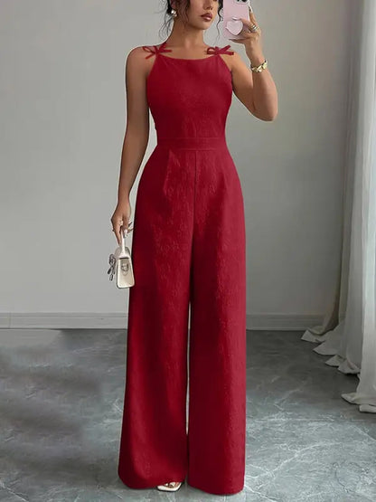 Zipper Split-Joint Solid Color Jacquard Wide Leg Sleeveless Spaghetti-Neck Jumpsuits