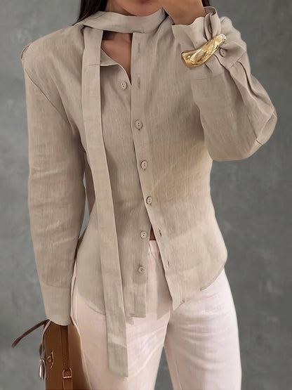 Long Sleeves Buttoned Solid Color Streamer Lapel Blouses&Shirts Tops