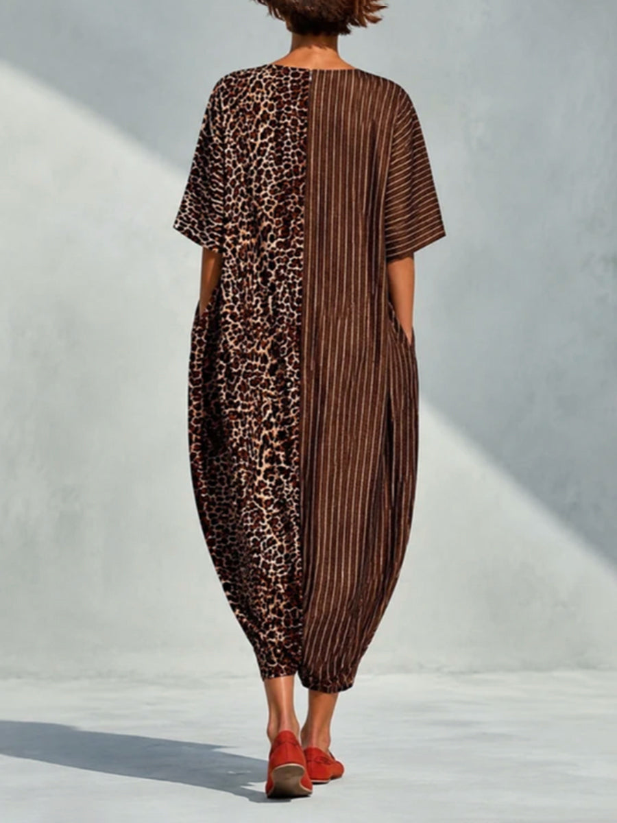 Striped Split-Joint Pockets Leopard Loose Half Sleeves V-neck Jumpsuits