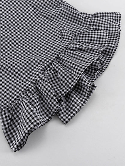 Loose  Contrast Color Plaid Ruffled Split-Joint  Long Sleeves Buttoned Lapel Blouses&Shirts Tops + Pants Two Pieces Set