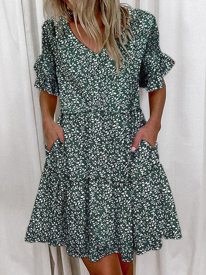 A-Line High Waisted Contrast Color Pleated Pockets Printed Split-Joint V-Neck Midi Dresses