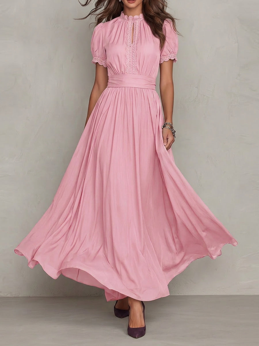 High Waisted Plus Size Buttoned Pleated Solid Color Round-neck Maxi Dresses