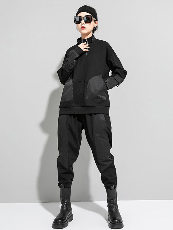 Casual Long Sleeves Loose Solid Color Zipper High-Neck Sweatshirt Tops