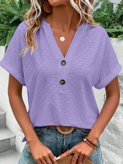 Loose Plus Size Buttoned Jacquard Split-Joint V-Neck T-Shirts Tops