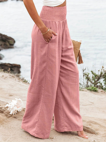 Elasticated Waist High Waisted Pleated Pockets Solid Color Split-Joint Pants