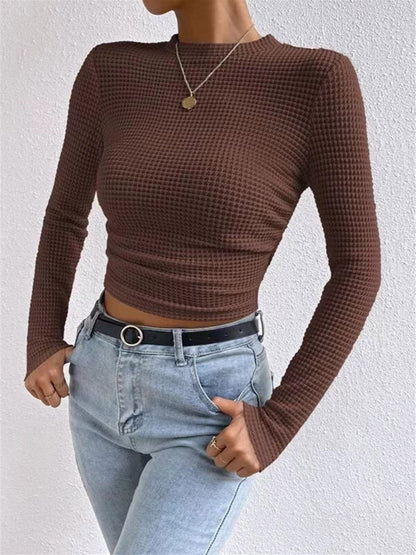 Long Sleeves Skinny Pleated Solid Color Split-Joint Textured Waffle Check Round-Neck T-Shirts Tops