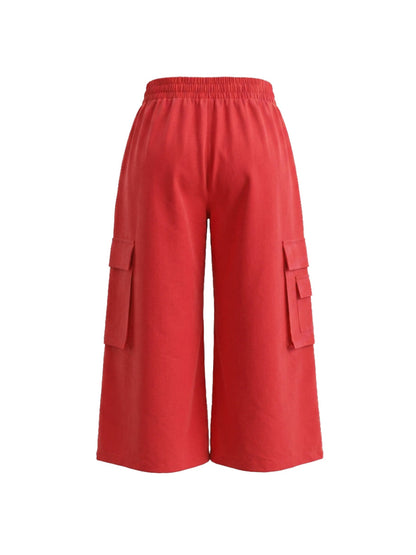 High Waisted Loose Elasticity Pockets Solid Color Pants Trousers