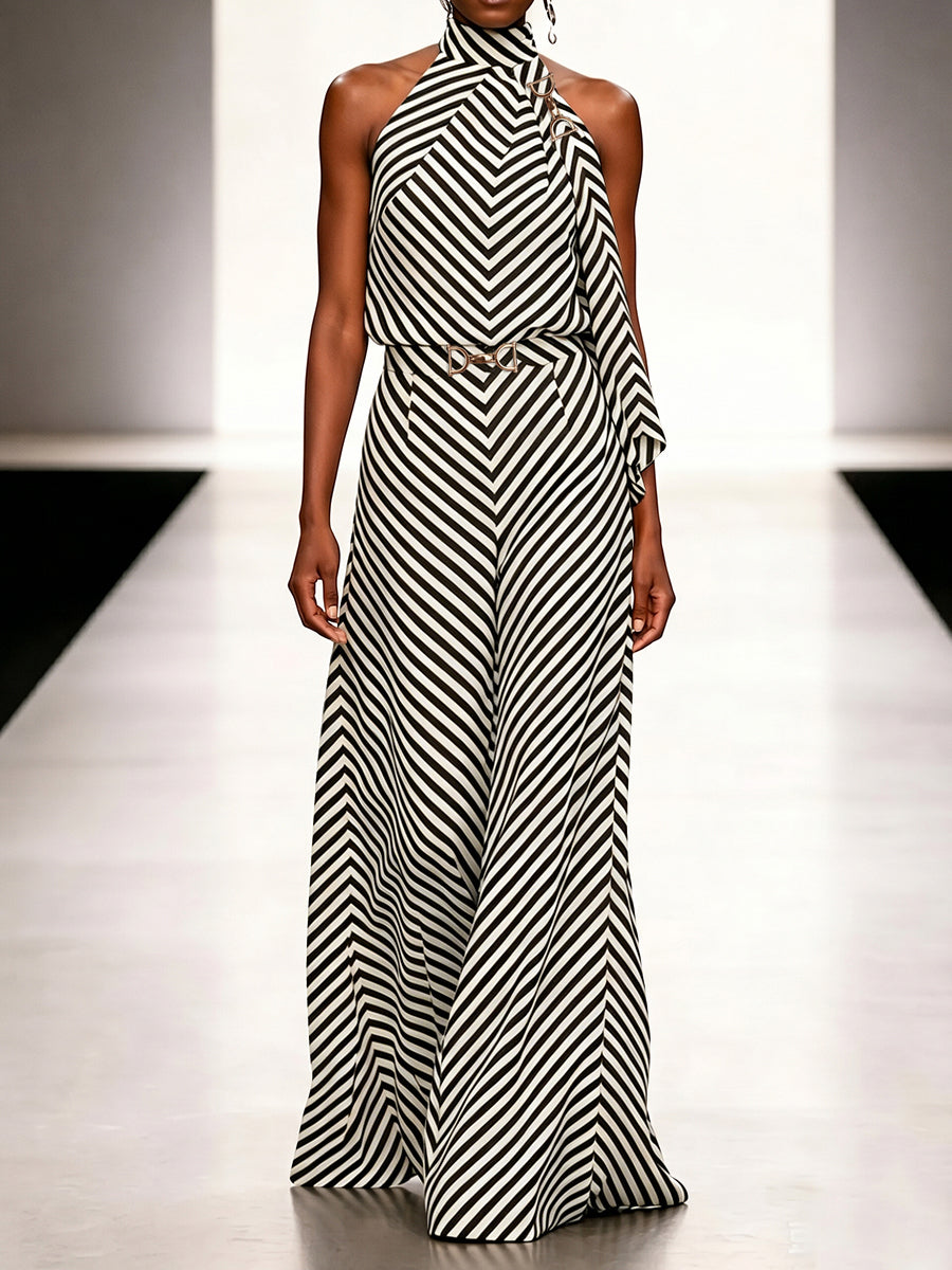 Sleeveless Contrast Color Draped Striped Halter-Neck Blouses&Shirts Tops