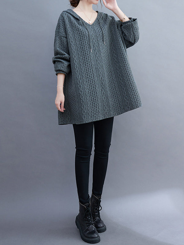 Hooded Long Sleeves Drawstring Jacquard Solid Color Split-Joint Hoodies Tops