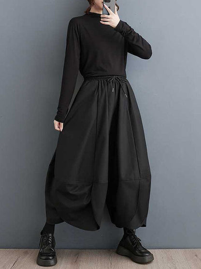 High Waisted Loose Drawstring Pleated Solid Color Pants Trousers