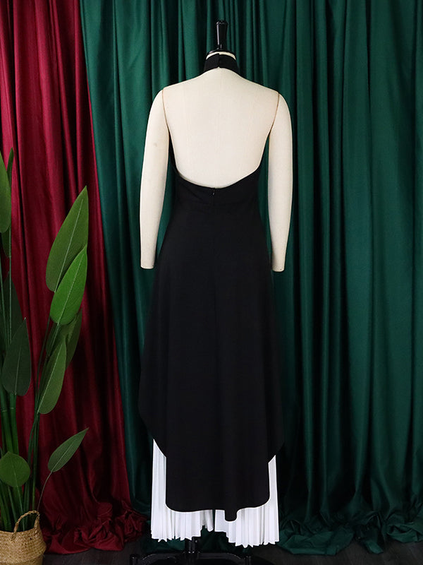 Loose Backless Lacy Solid Color Halter-Neck Vest Top + High-Low Pants Bottom Two Pieces Set