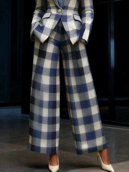Loose Wide Leg Contrast Color Elasticity Plaid Pockets Pants Trousers