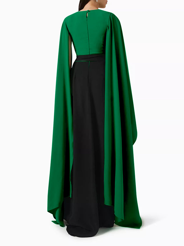 Batwing Sleeves Bandage Contrast Color Split-Front Zipper V-Neck Evening Dresses