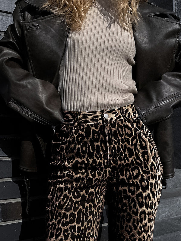 Loose Buttoned Leopard Pockets Split-Joint Pants Trousers