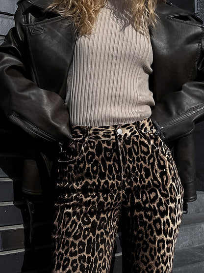 Loose Buttoned Leopard Pockets Split-Joint Pants Trousers