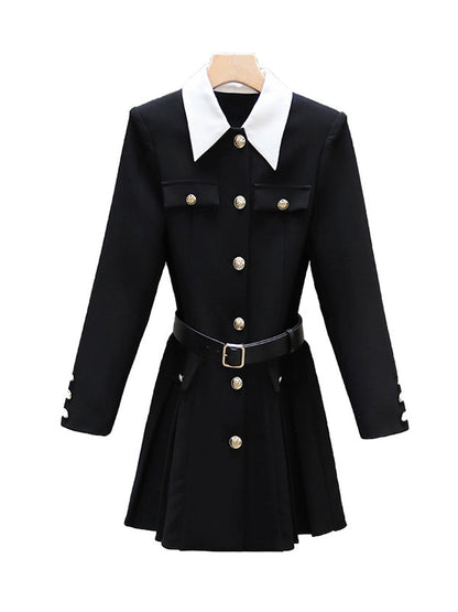 Elasticated Waist Long Sleeves Belted Buttoned Contrast Color Pleated Single-Breasted Lapel Mini Dresses Shirt Dress