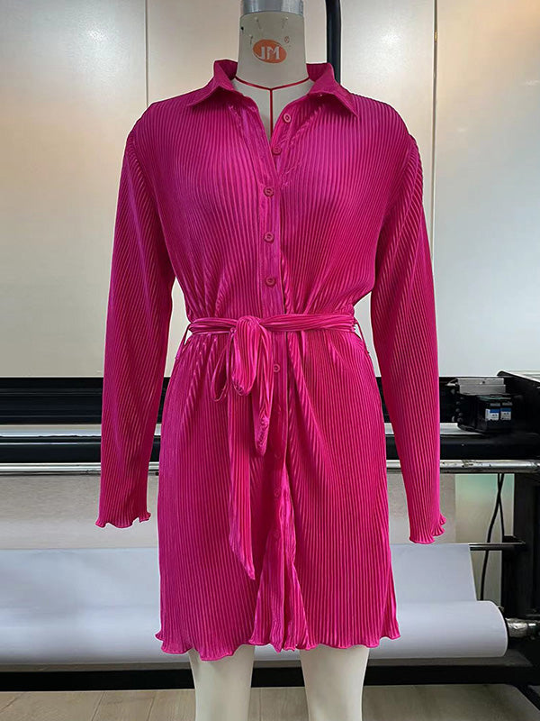 Long Sleeves Loose Buttoned Solid Color Tied Waist Lapel Mini Dresses