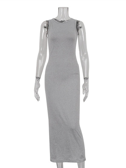 Long Sleeves Solid Color Round-Neck Inner Dress + Bodycon Outerwear Two Pieces Set