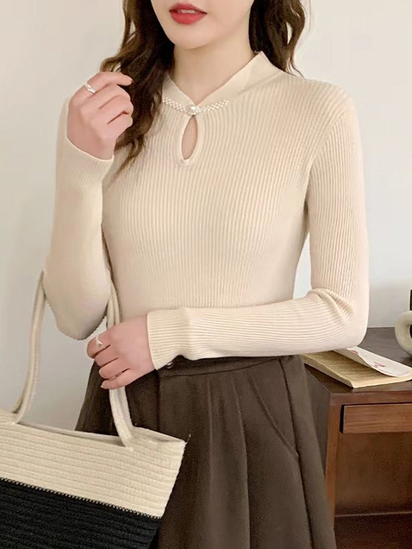 Long Sleeves Skinny Hollow Solid Color Mock Neck Pullovers Sweater Tops