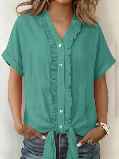 Loose Short Sleeves Buttoned Knot Ruffle Trim Solid Color V-Neck Blouses&Shirts Tops