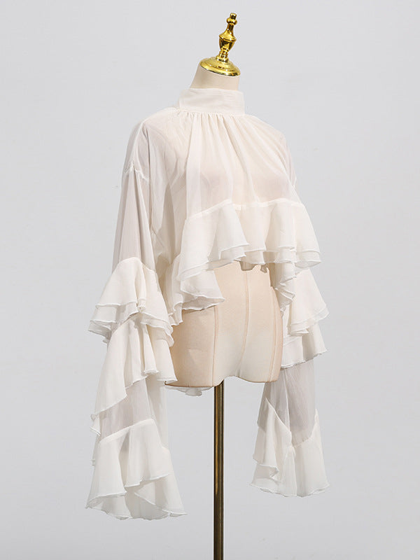 False Two Flared Sleeves Pleated Ruffle Trim See-Through Solid Color Tied Mock Neck Blouses&Shirts Tops