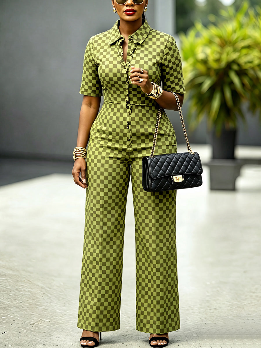 Contrast Color Checkerboard Buttoned Wide Leg Half Sleeves Lapel Jumpsuits