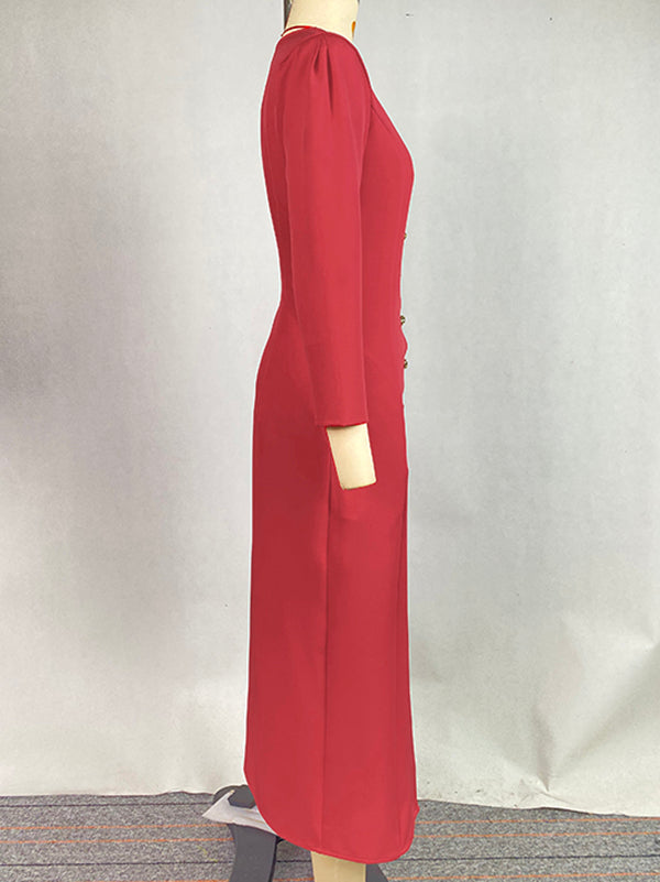 Bodycon Long Sleeves Buttoned Solid Color V-Neck Maxi Dresses Shirt Dress